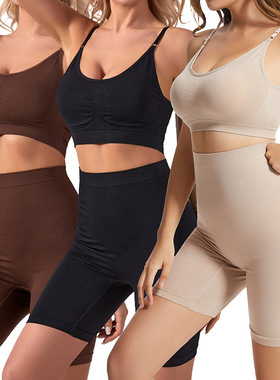 大码运动无钢圈内衣法式健身瑜伽聚拢吊带文胸高腰平角裤套装