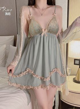 瑰若新款纯欲加胸垫聚拢性感睡衣吊带睡裙外袍大码家居套装P3772