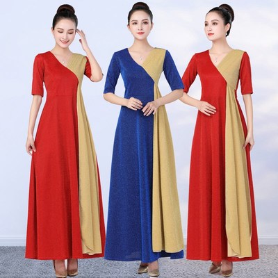 新款合唱团演出服装女长裙红色中老年礼服连衣裙红歌表演比赛服装