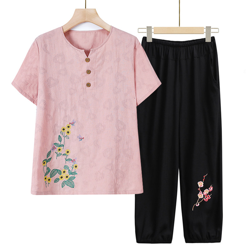 2023新款中老年人妈妈棉麻睡衣女款夏季短袖长裤纯棉绸家居服套装,女士内衣/男士内衣/家居服,睡衣/家居服套装,淘宝优惠券,粉丝福利购,淘宝优惠卷
