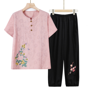 2023新款中老年人妈妈棉麻睡衣女款夏季短袖长裤纯棉绸家居服套装
