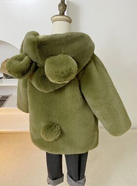 儿童皮草冬装男童女童仿兔绒加绒加厚棉衣小宝宝连帽厚外套中长款