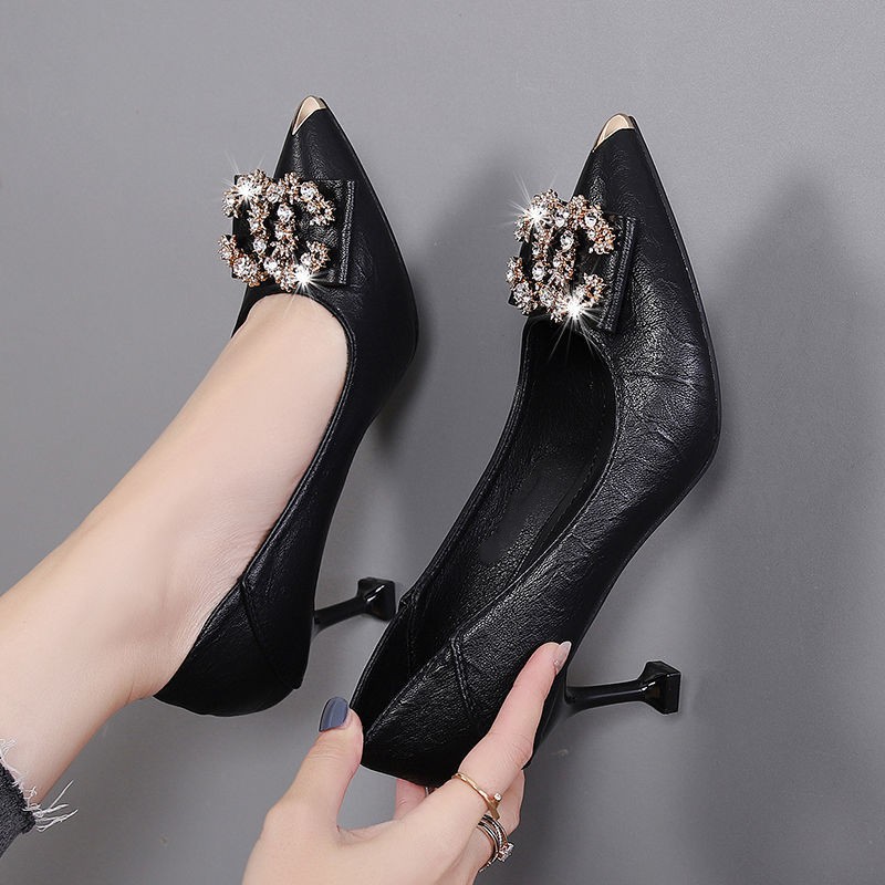 真皮黑色高跟鞋女2022年春秋新款气质女神范水钻法式细跟单鞋女鞋