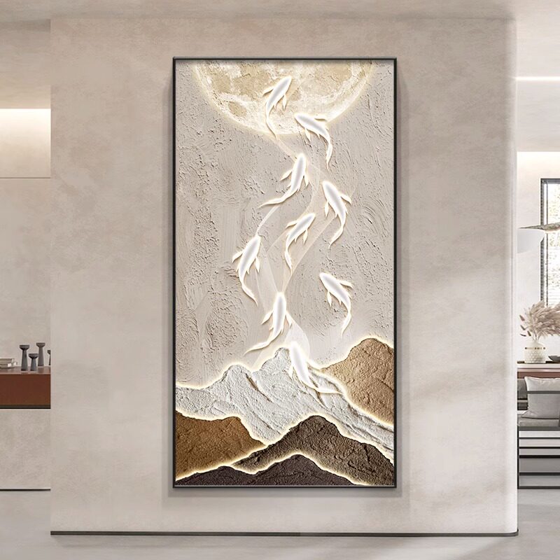 轻奢九鱼图玄关装饰画侘寂风入户正对门挂画现代简约走廊过道壁画图片