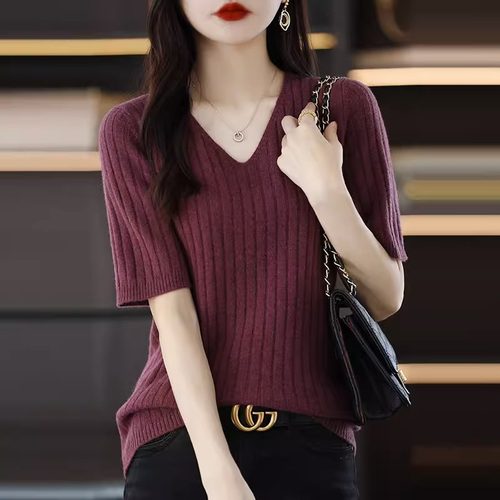 V领短袖针织衫夏季2024新款女装宽松百搭半袖洋气中袖打底衫上衣