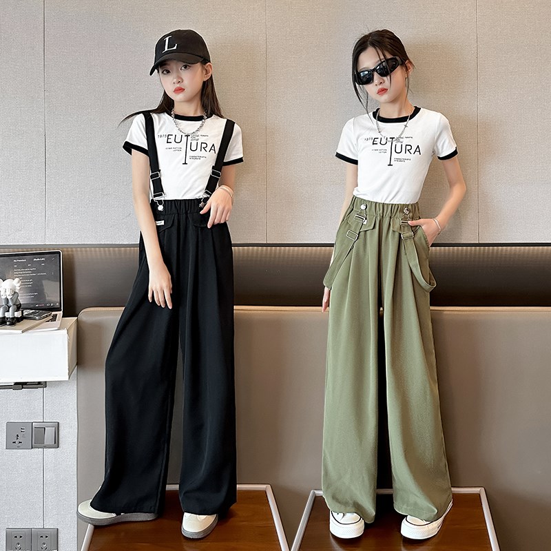 女童背带裤夏季薄款2024新款女大童夏装套装女孩夏款黑色儿童裤子图片