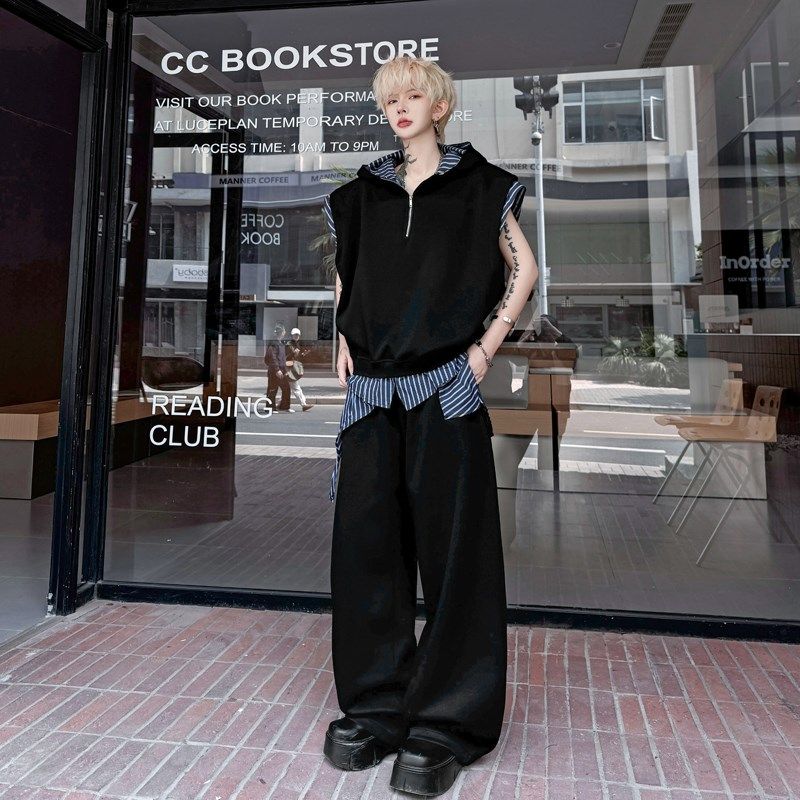 2025夏季韩系穿搭条纹拼接连帽撞色垫肩马甲套装男阔腿长裤两件套,男装,时尚套装,淘宝优惠券,粉丝福利购,淘宝优惠卷