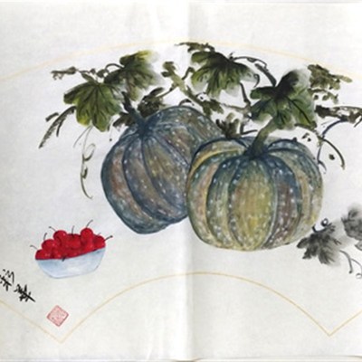 手绘国画客厅餐t厅挂画丰硕三尺扇面定制