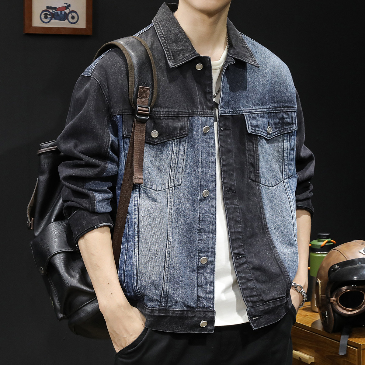 蓝黑拼接牛仔外套男2023新款秋季男装大尺码男款男士上衣夹克春秋