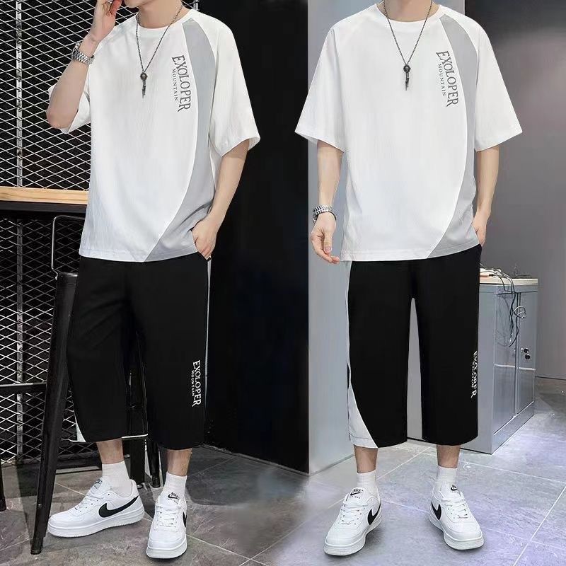 冰丝套装男夏季帅气大码休闲运动七分裤短两件套袖t恤薄款宽松潮,男装,时尚套装,淘宝优惠券,粉丝福利购,淘宝优惠卷