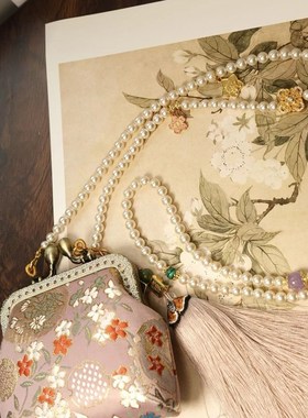 手工新中式国风零钱包女古风钥匙卡包斜挎链包带长款项链多用包