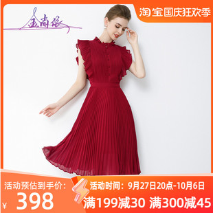 洋派红色雪纺妈妈洋装女短袖夏季喜婆婆婚宴装高级感百褶礼服