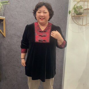显瘦!时尚丝绒上衣女士宽松大码妈妈装韩版遮肚中国风盘扣中老年