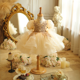 女童轻奢2024新款儿童蓬蓬纱裙生日宴小众超仙公主裙香槟色礼服裙