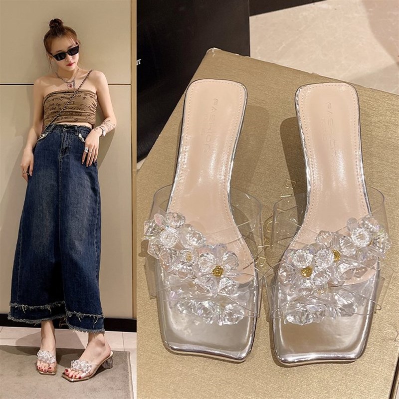 透明拖鞋女气质水钻花2023夏季仙女风高级感凉拖水晶跟外穿高跟鞋