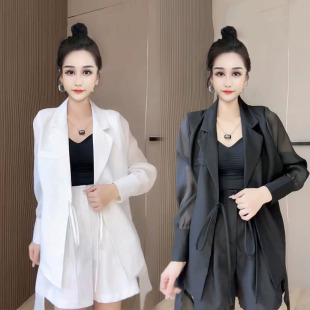 套装 时尚 女韩版 宽松雪纺防晒西装 西服两件套 欧货夏季 外套短裤 新款