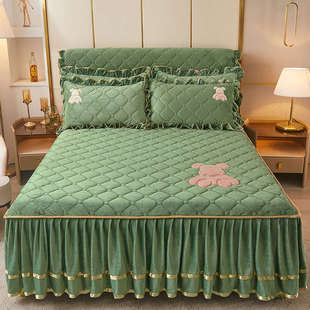 床罩花边床绣花夹冬季 床水晶套裙裙加厚纯色三件套绒床围棉床单
