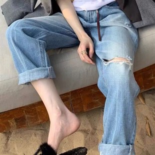 宽松薄款 外穿哈伦裤 破洞九分老爹裤 女时尚 子潮 孕妇牛仔裤 裤 春夏款