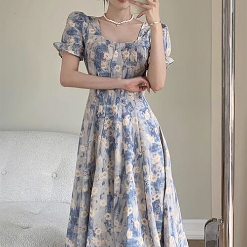 大码女装油画碎花连衣裙夏日多巴胺小众收腰胖mm显瘦遮肚长裙子女