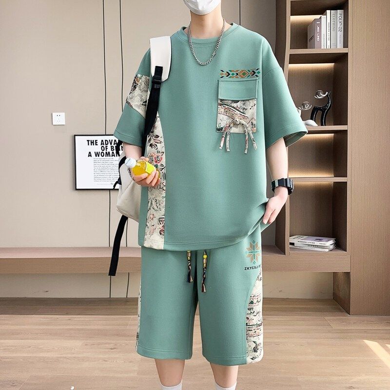 设计感T恤男夏季时尚休闲 套装2025新款初高中学生短袖短裤两,男装,休闲运动套装,淘宝优惠券,粉丝福利购,淘宝优惠卷