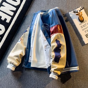 刺绣棒球服外套男生美式潮牌秋冬款拼接PU皮衣服青少年机车服夹克