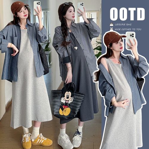 大码孕妇春夏连衣裙205新款宽松纯棉背心裙套装条纹衬衫外套200斤