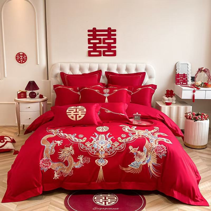 中式100支结婚k四件套红色婚庆被套婚房喜被床单纯棉陪嫁床上用品