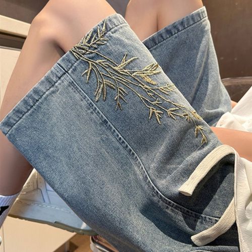 新中式刺绣牛仔短裤男夏季薄款宽松5五分裤国潮美式潮牌阔腿中裤