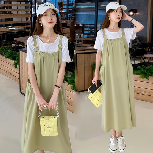 孕妇连衣裙夏季套装2023夏装新款时尚宽松背带裙两件套显瘦孕妇裙