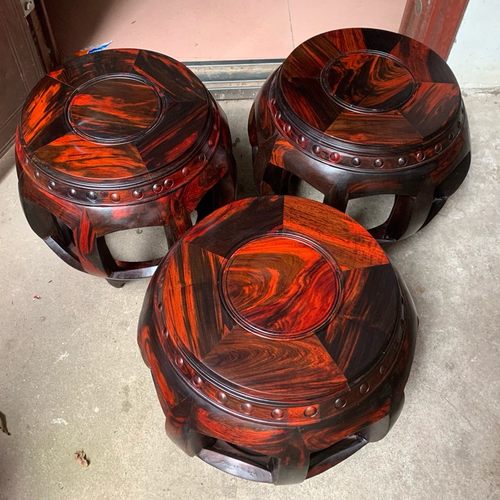 老挝大红酸枝鼓凳实木圆凳红木家具餐桌凳多用途交趾黄檀换鞋凳