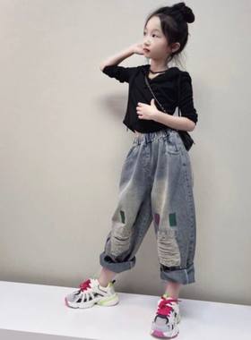 女童牛仔裤春秋款2024新款儿童网红百搭宽松裤子秋装女大童老爹裤