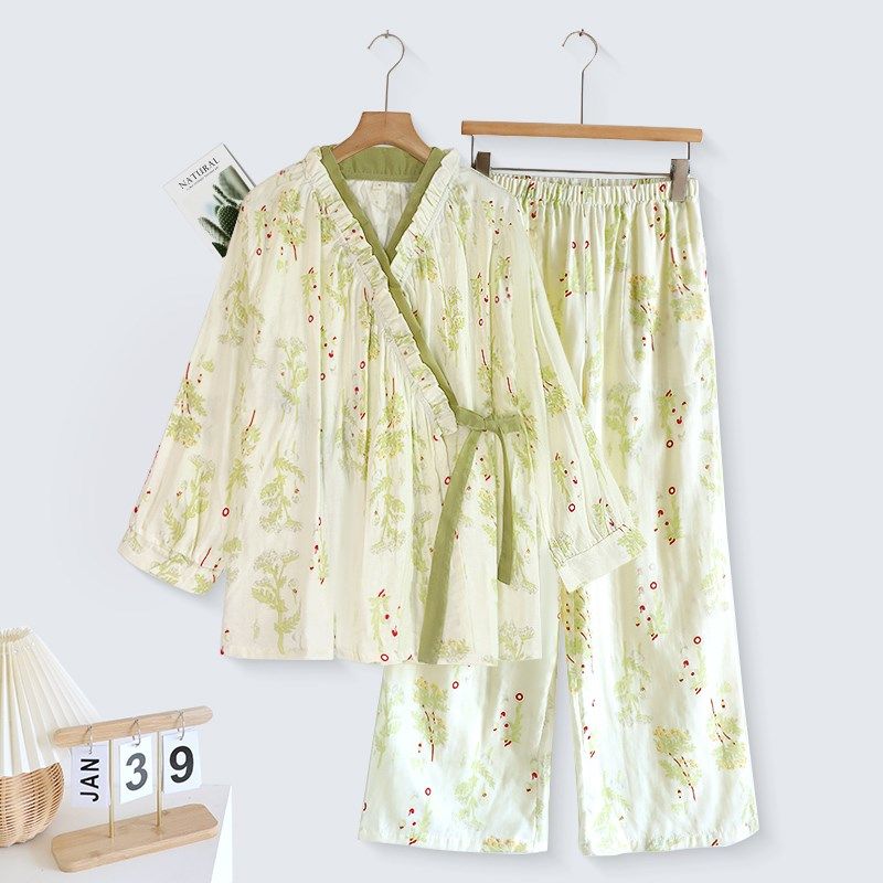 日式和服睡衣女春秋季纯棉双层纱布长袖田园风婴儿棉纱家居服套装