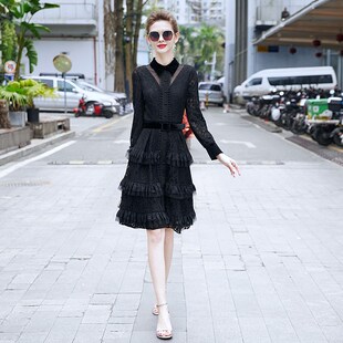 法式2025年开春新款气质裙子收腰显瘦长袖高级感蕾丝黑色连衣裙女