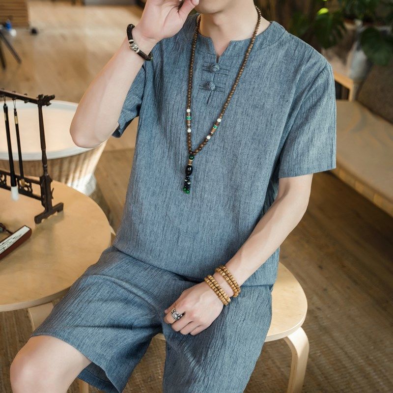 夏季男装套装中国风亚麻短袖t恤棉麻两件套复古盘扣半袖唐装汉服