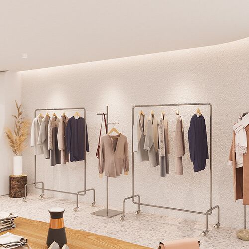 新款服装店展示架落地式带滚轮不锈钢拉丝银色展示挂衣架女装货架