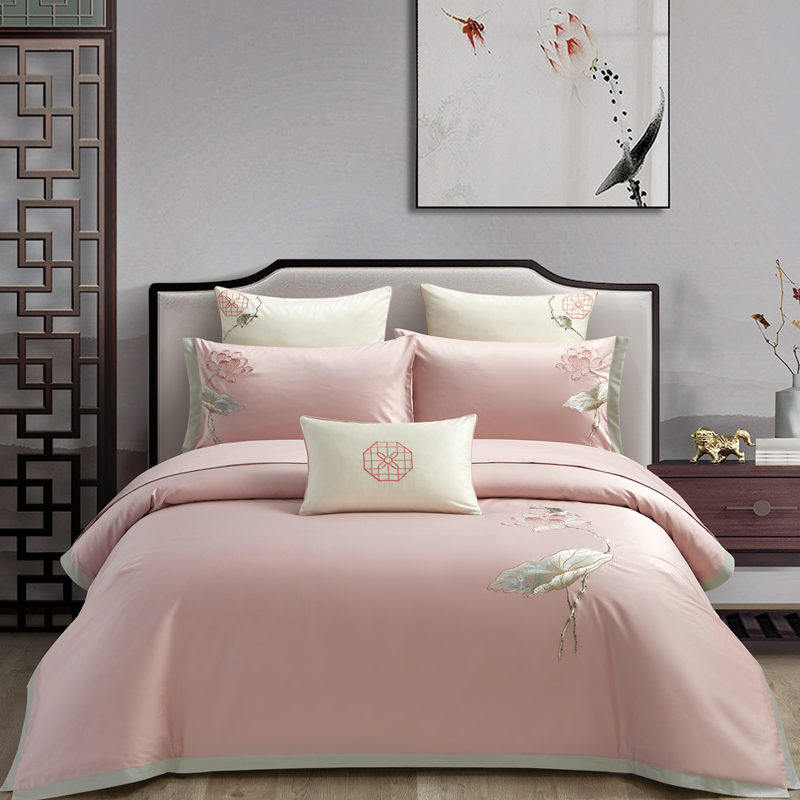 新中式床上全棉被套四件套纯棉中国风刺绣荷叶竹子T粉灰色床单床,床上用品,床品套件/四件套/多件套,淘宝优惠券,粉丝福利购,淘宝优惠卷