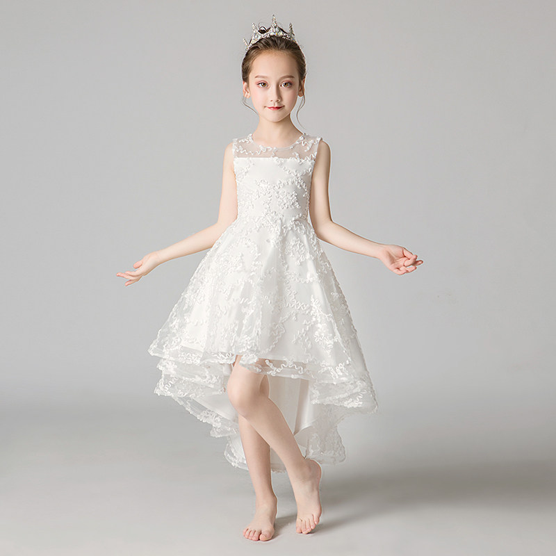 儿童礼服公主裙女童蓬蓬纱前短後长生日白色花童主持人钢琴演出服