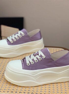 超火真皮紫色小白鞋女2p025春夏新款松糕厚底6cm两穿休闲大头板鞋