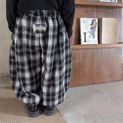暮晨家新款冬装2024男童一体绒格子长裤中小童加厚森系复古灯笼裤