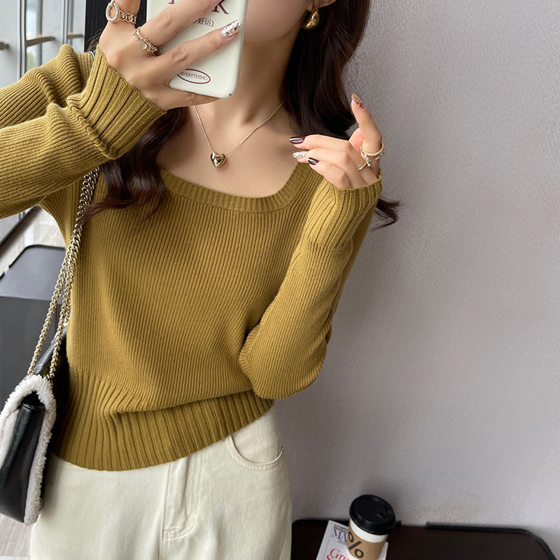 法式方领针织衫女春秋冬内搭2023新款修身白色打底衫早秋长袖上衣