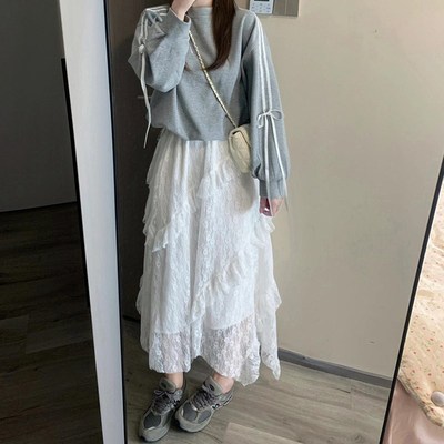 拼接蕾丝白色半身裙长款2025年新款蛋糕裙大码不规则女款网纱裙