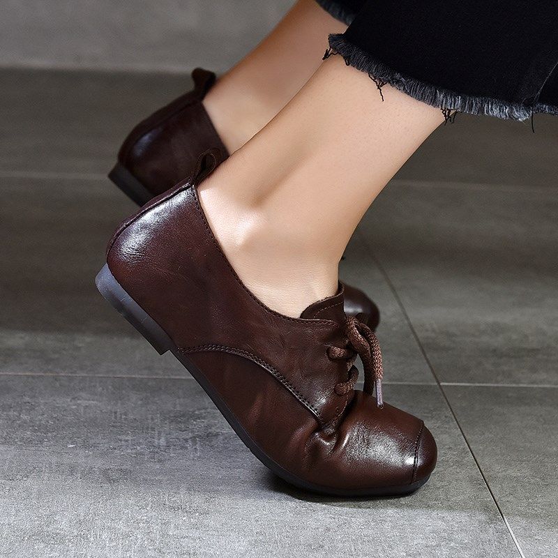 真皮软皮妈妈鞋手工系带百搭休闲小皮鞋低跟平底复古英伦深口单鞋,女鞋,深口单鞋,淘宝优惠券,粉丝福利购,淘宝优惠卷