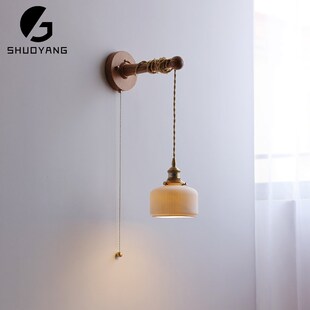 2025新款原木拉线壁灯日式床头客厅飘窗氛围侘寂风自带拉绳开关灯