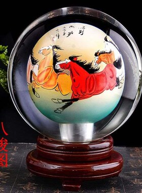 内画水晶球摆件牡丹花八骏图迎客松富贵鱼花开富贵工艺品中式家居