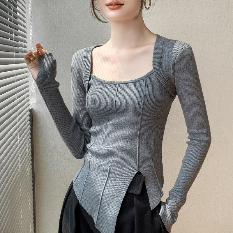 法式方领针织打底衫女早秋新品长袖修身开叉不规则设计感小众上衣