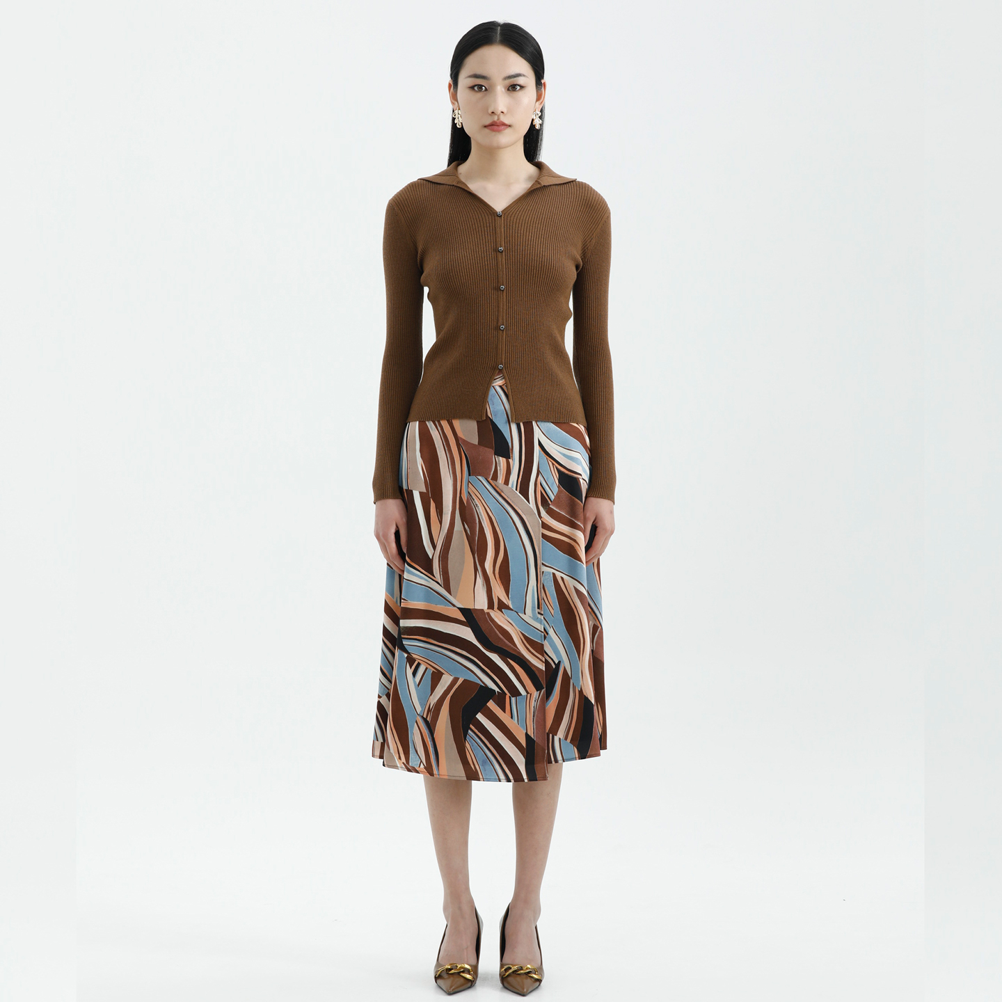 低调轻奢条纹花卉A型伞摆半身裙