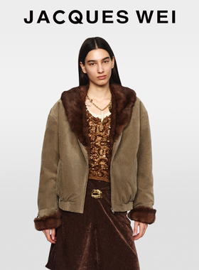 JACQUES WEI2026马年CNY灰绿磨毛毛领短款保暖夹克外套女新年穿搭