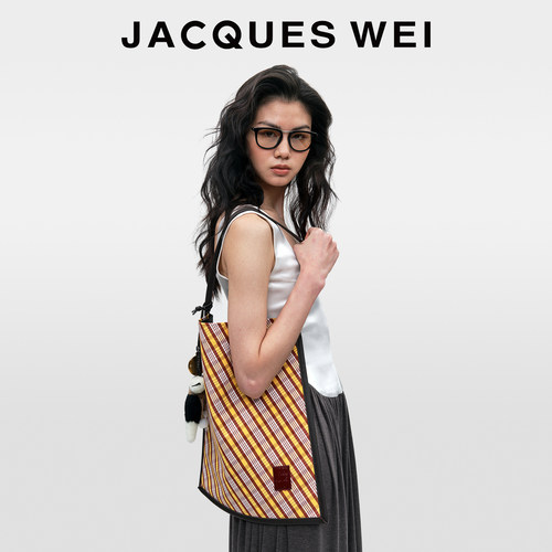 JACQUESWEI黄色格纹大容量帆布包