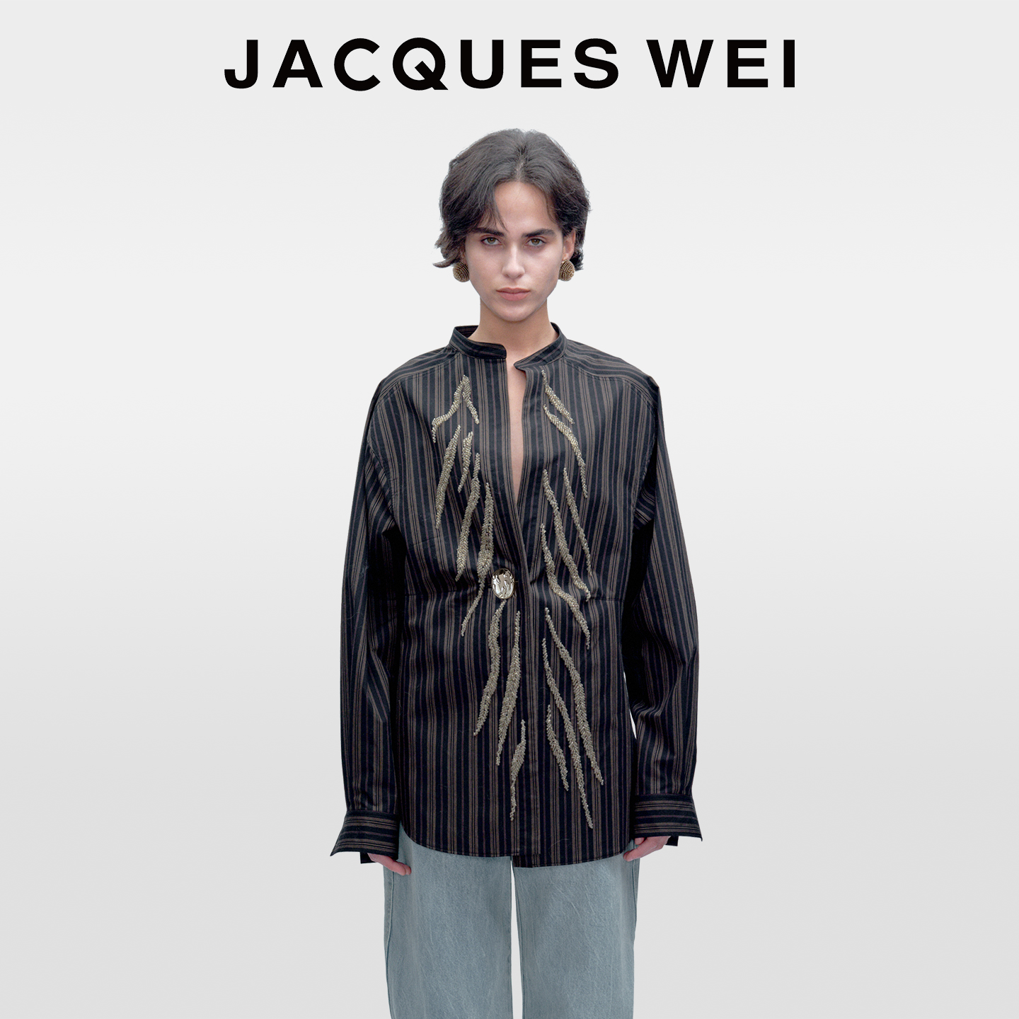 JACQUESWEI黑色斑马条纹刺绣衬衫
