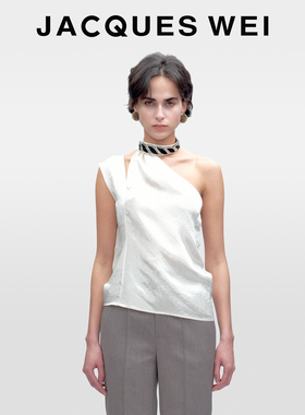 JACQUES WEI2025设计师款女装小众原创白色缎面单肩挂脖背心吊带